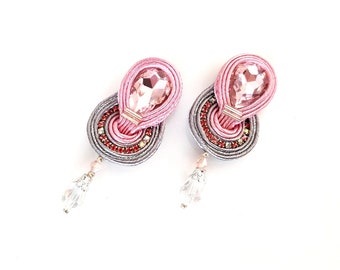 Pink crystal earrings Light rose soutache earrings Powder pink bridal party earrings Dangle drop clip on Unique sparkle accessories for her