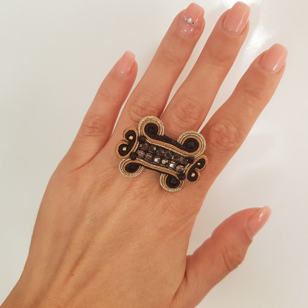 Statement black cocktail ring Dark and gold adjustable ring Big bold soutache Quirky jewelry for women Most uniquereally holiday accessories