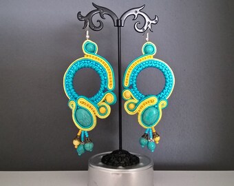 Large Turquoise  Soutache Earrings  Hoop Long Earrings Dangle Statement Earrings Boucles d'oreilles Boho Earrings Summer Soutache Earrings