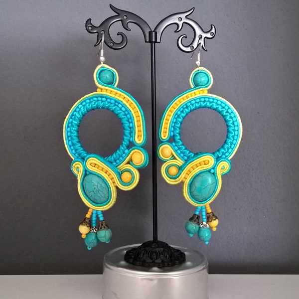 Large Turquoise  Soutache Earrings  Hoop Long Earrings Dangle Statement Earrings Boucles d'oreilles Boho Earrings Summer Soutache Earrings