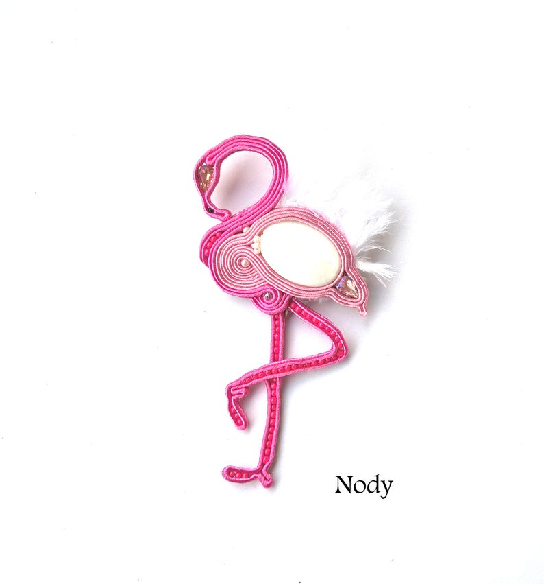 Pink flamingo brooch Large bird brooch Pink soutache brooch Etsy