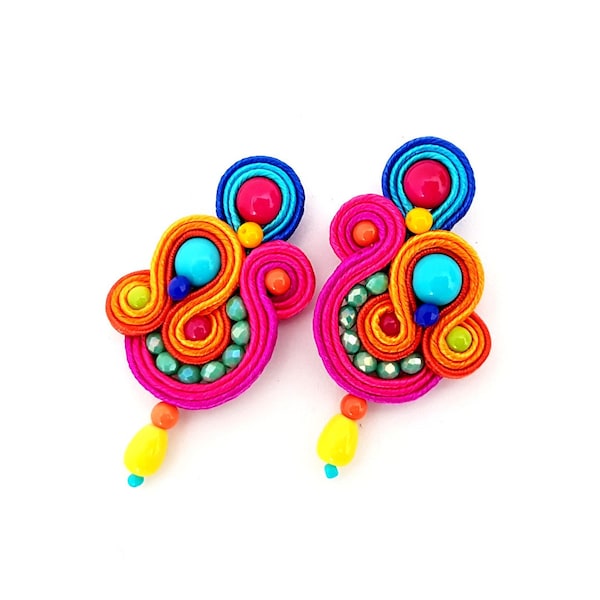 Boucles d'oreilles soutache colorées Boucles d'oreilles gouttes multicolores Boucles d'oreilles de taille moyenne Boucles d'oreilles tendance Fiesta Soutache gouttes arc-en-ciel