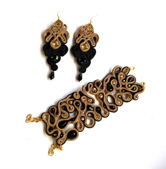Black and Gold Jewelry Set Elegant Statement Bracelet and Earrings for