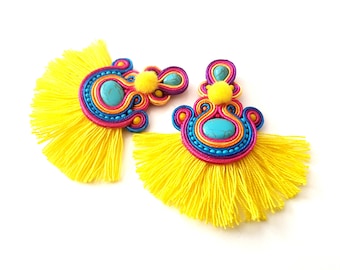 Yellow tassel earrings Rainbow tassel earrings Colorful soutache Clip on earrings Fringe earrings Boho jewelry Pom pom tassel earrings