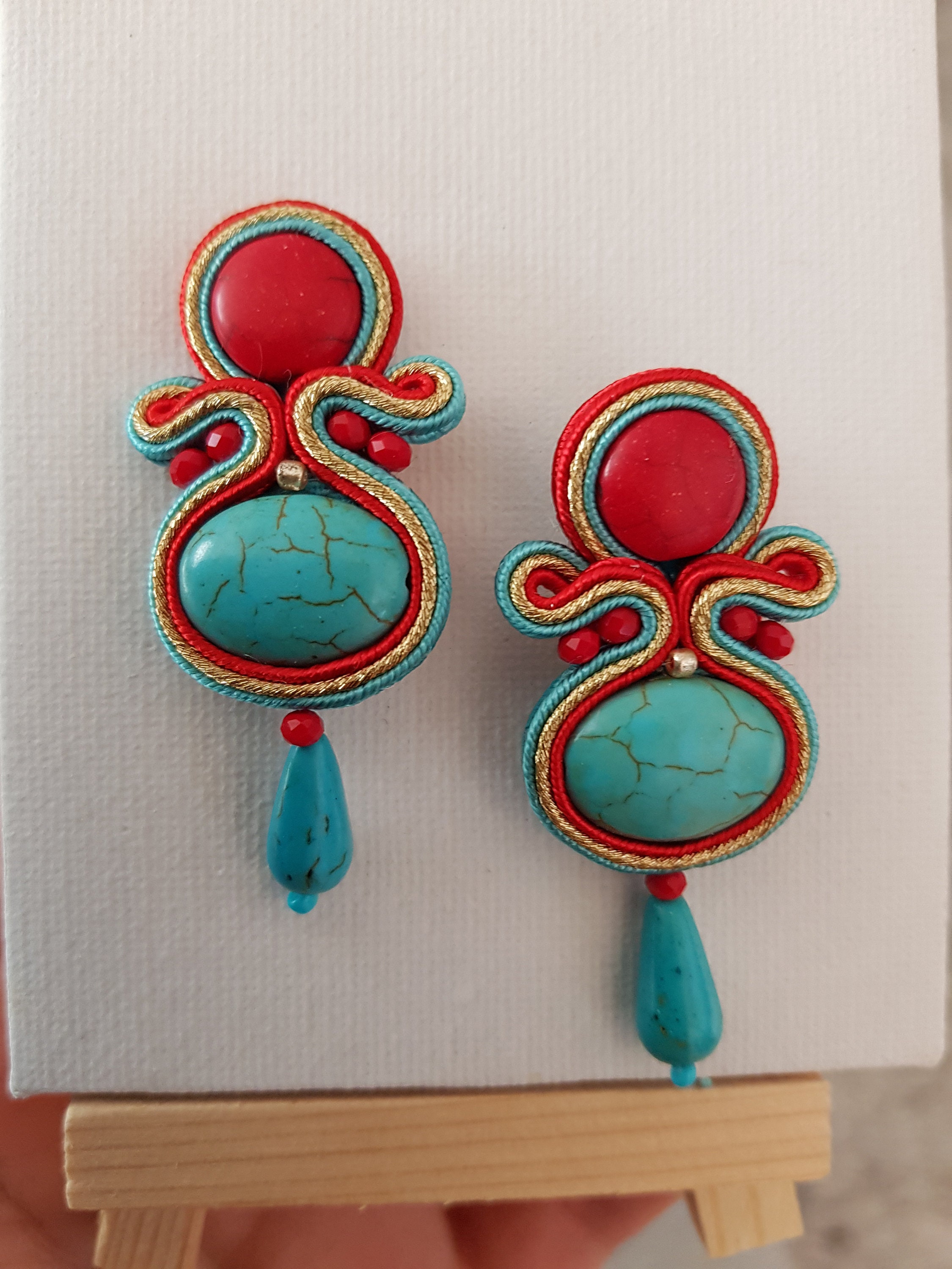 Turquoise Clip on Earrings Medium Soutache Turquoise Red - Etsy