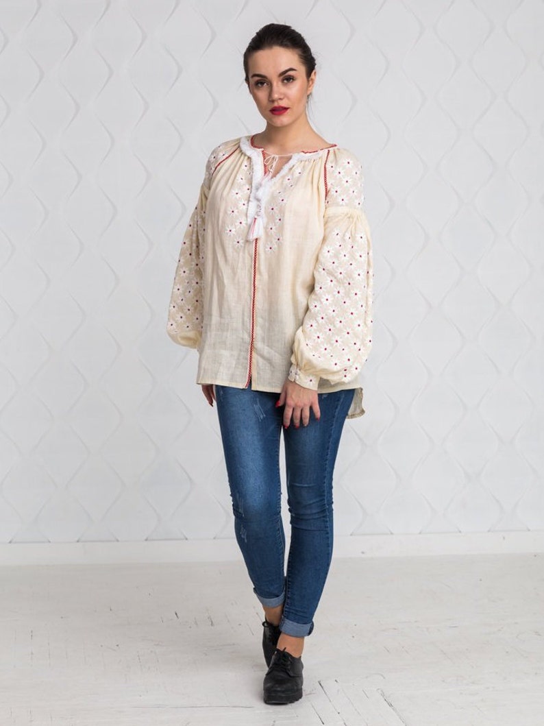 XL Top Beige Shirt Ukrainian Vyshyvanka Blouse Milky Embroidered Blouse Linen Blouse with Flowers Pattern Bohemian Top In STOCK SALE -40/%