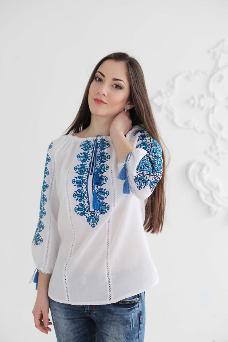 Ukrainian Cotton Embroidered Blouse Vyshyvanka White Cotton Etsy