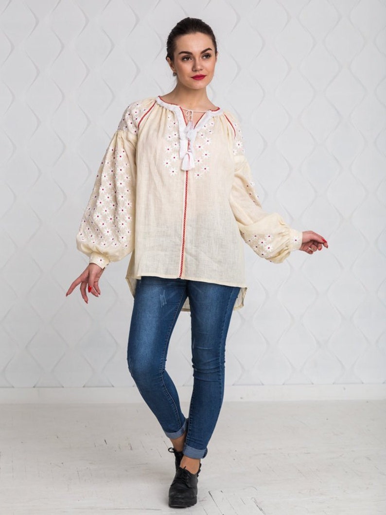 XL Top Beige Shirt Ukrainian Vyshyvanka Blouse Milky Embroidered Blouse Linen Blouse with Flowers Pattern Bohemian Top In STOCK SALE -40/%