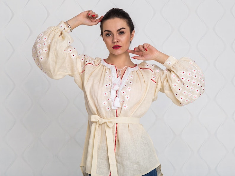 XL Top Beige Shirt Ukrainian Vyshyvanka Blouse Milky Embroidered Blouse Linen Blouse with Flowers Pattern Bohemian Top In STOCK SALE -40/%