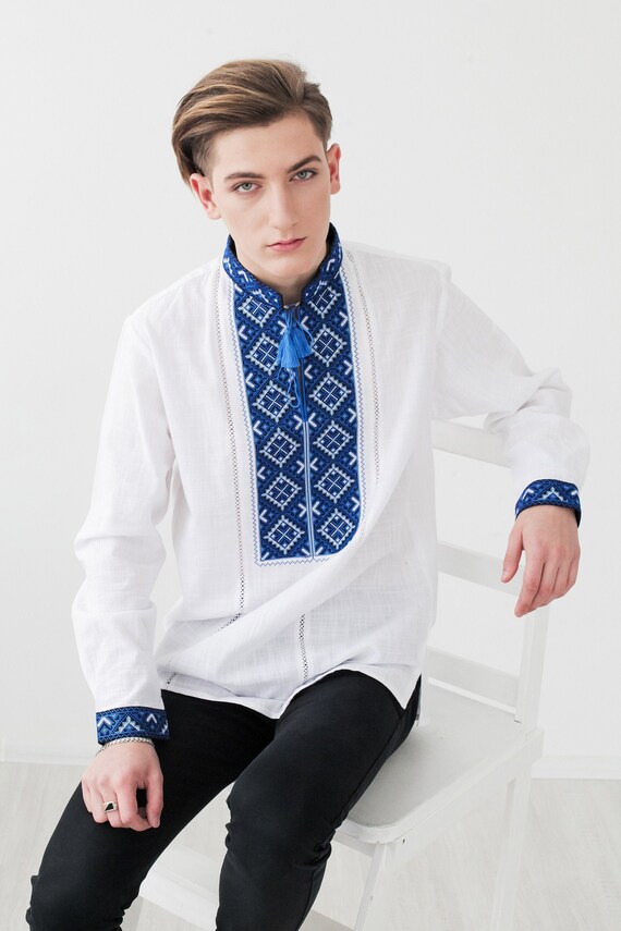 White Vyshyvanka Ukrainian Embroidered Mens Shirt Romanian | Etsy