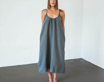 LINEN DRESS / 100% stonewashed linen, handmade, summer dress, beach dress, home dress, vacation time, black linen, valentine's day gift