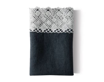 Linen tea towel with linen lace, linen hand towel, gray stonewashed soft dish towel. Kitchen towel. Natural linen hand towel