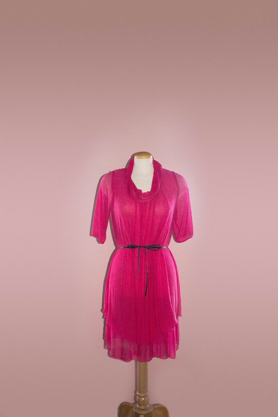 Pink Fuchsia Organza Dress Cowl Neck Lightweight S
