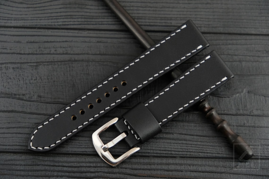 Leather watch strap Black watch band Thick men's watchband Etsy