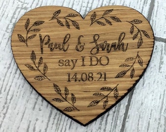 Personalized Oak Heart Save The Date Magnet | Laser Engraved Wedding Invite