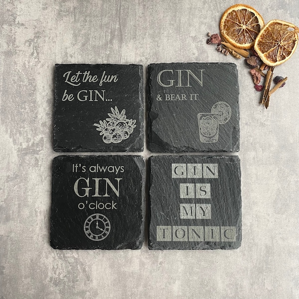 Gin Coaster Set (4off) | Engraved Coasters | Gin Themed Gift | Bar Coasters | Bar Gift | Gin Gift | Funny Gin Coaster | Slate Coaster