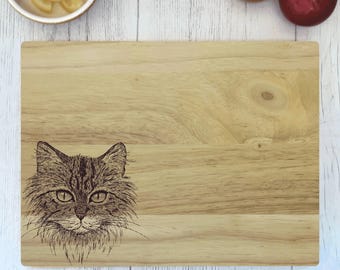 Engraved Cat Chopping Board, Personalized Solid Oak Serving Board