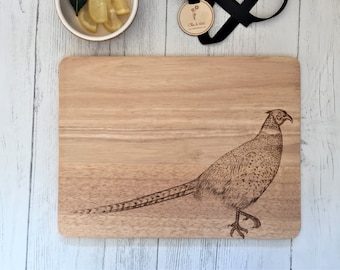 Tabla de cortar de madera con faisán grabado, tabla de servir de roble macizo