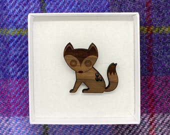 Fox Wooden Brooch - Laser Cut Walnut with Engraved Detail