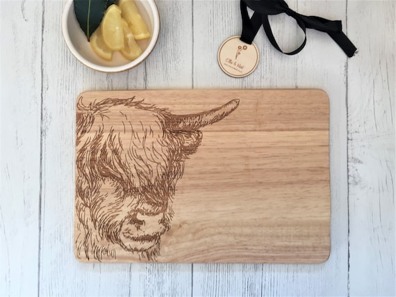 Rustic Cheese Board, Highland Cow Engraving (Hand Wash Only)