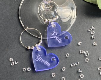 Personalized Heart Acrylic Wedding Drink Charms, Purple Party Favors