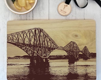 Engraved Forth Rail Bridge Chopping Board, Solid Oak Serving Board
