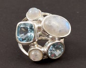 925 Sterling Silver Ring Size 8 Multi Stone Ring Rainbow Moonstone Ring Blue Topaz Ring Solitaire Ring Silver Ring J136