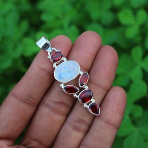 Blue Fire Moonstone Pendant, Two Stone Pendant, Solid 925 Silver Pendant, Charm Pendant, Natural Garnet, Pure Silver Pendant, Womens Pendant