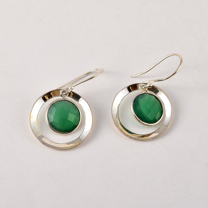 925 Sterling Silver Dangle Drop Earrings Natural Green Onyx Gemstone Earrings Round Shape Onyx Earring J710 Briolette Cut Onyx Earrings