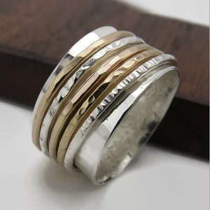Yellow Gold and Silver Spinner Ring 925 Sterling Silver Wide band Ring Fidget Ring Spinner Ring Worry Ring Meditation Ring Texture Ring