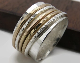 Yellow Gold & Sterling Silver Spinner Ring: Wide Band Meditation Ring
