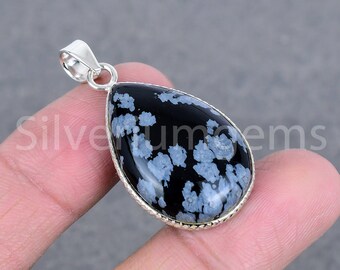Snowflake Obsidian Pendant Necklace 925 Sterling Silver Jewelry
