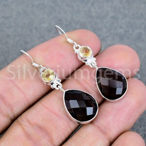 Natural Smoky Quartz Earrings in 925 Sterling Silver, Dangle Drop Earrings, Round Citrine Handmade Silver Earrings Personalized Gift for Her