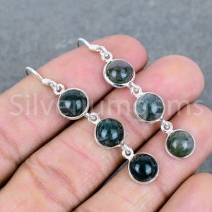 Unique Moss Agate Chain Earrings, 925 Sterling Silver Multi-Stone Dangles, Dark Green Gemstone Jewelry for Women, Personalized Gift for Her