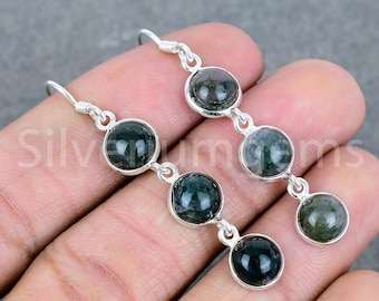 Moss Agate Sterling Silver Dangle Earrings, Gemstone Drop Jewelry