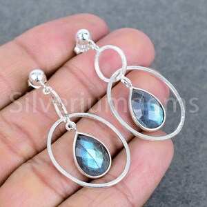 Natural Labradorite Gemstone Earrings, 925 Sterling Silver Charm, Genuine Labradorite Earring, Silver Gemstone Earrings, Gifts for Her ER38
