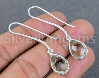 Sterling Silver Prasiolite Dangle Earrings, Long Hook Drops, Faceted Stone