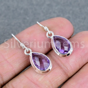 925 Sterling Silver Earrings with Natural Amethyst, Minimalist February Birthstone Jewelry, Personalized Gift for Mom Wife, Handmade Dangles