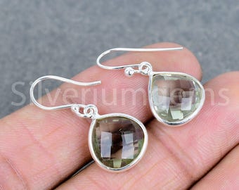 Green Amethyst Teardrop Earrings: Sterling Silver Dangle Prasiolite Jewelry