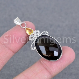 Smoky Quartz Silver Pendant 925 Sterling Silver Chain Necklace Handmade Smoky Quartz Pendant with Citrine Elegant Wedding Gift for Her, P240