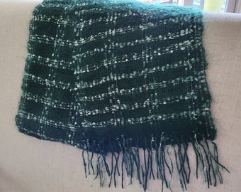 Green Mohair/Silk Gauze-like Handwoven Scarf with Fringe