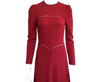 EMMA 70s AU6 Gorgeous Burnt Red Crepe Maxi Long Sleeved Dress with See-Through Embroidered Detail