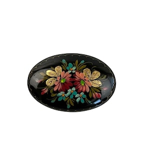 VINTAGE Russian Hand-painted Lacquer Floral Oval Brooch