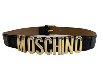 MOSCHINO Vintage Black Leather Metal Spell-out Gold Letters Belt Redwall Made Italy