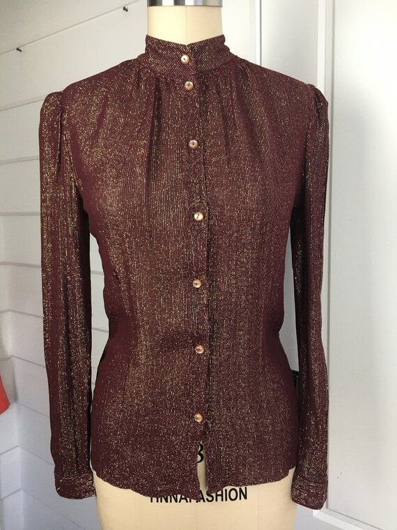 French Vintage 70s Wine Coloured Shirt with Gold L