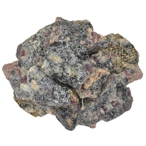 May include: A cluster of rough, dark gray and black stones with embedded pink and red crystals. The stones have a speckled appearance.
