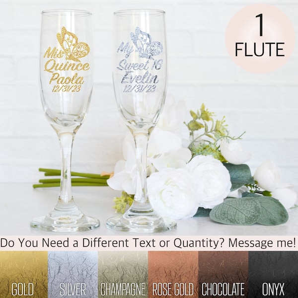 Quinceanera Brindis, Copas de Vidrio Personalizadas con Mariposa Metalica, Sweet 16 Personalized Champagne Flute Glass, Metallic Butterfly