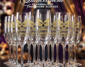 Sweet 16 Personalized Champagne Glasses Set of 14 ~ Quinceanera Copas Personalizadas incluye 14 Flutes