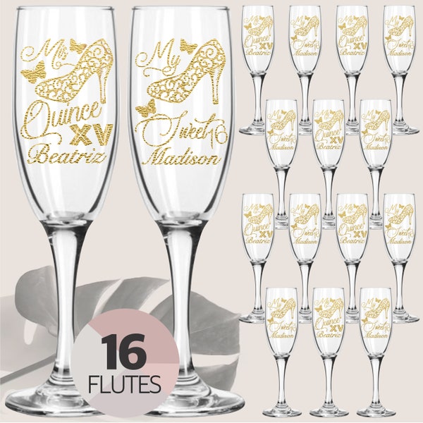 Quinceñera Copas – Mis Quince Champagne Wine XV Glasses – Sweet 16 Toast Champagne Flute Personalized – Sweet 16 Flute – Bundle 16 Flute Set