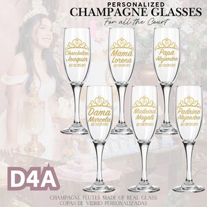 May include: Six clear champagne flutes with gold text and a crown design. Each glass is personalized with a name and date. The text "PERSONALIZED CHAMPAGNE GLASSES" is at the top. The bottom of the image reads "CHAMPAGNE FLUTES MADE OF REAL GLASS".